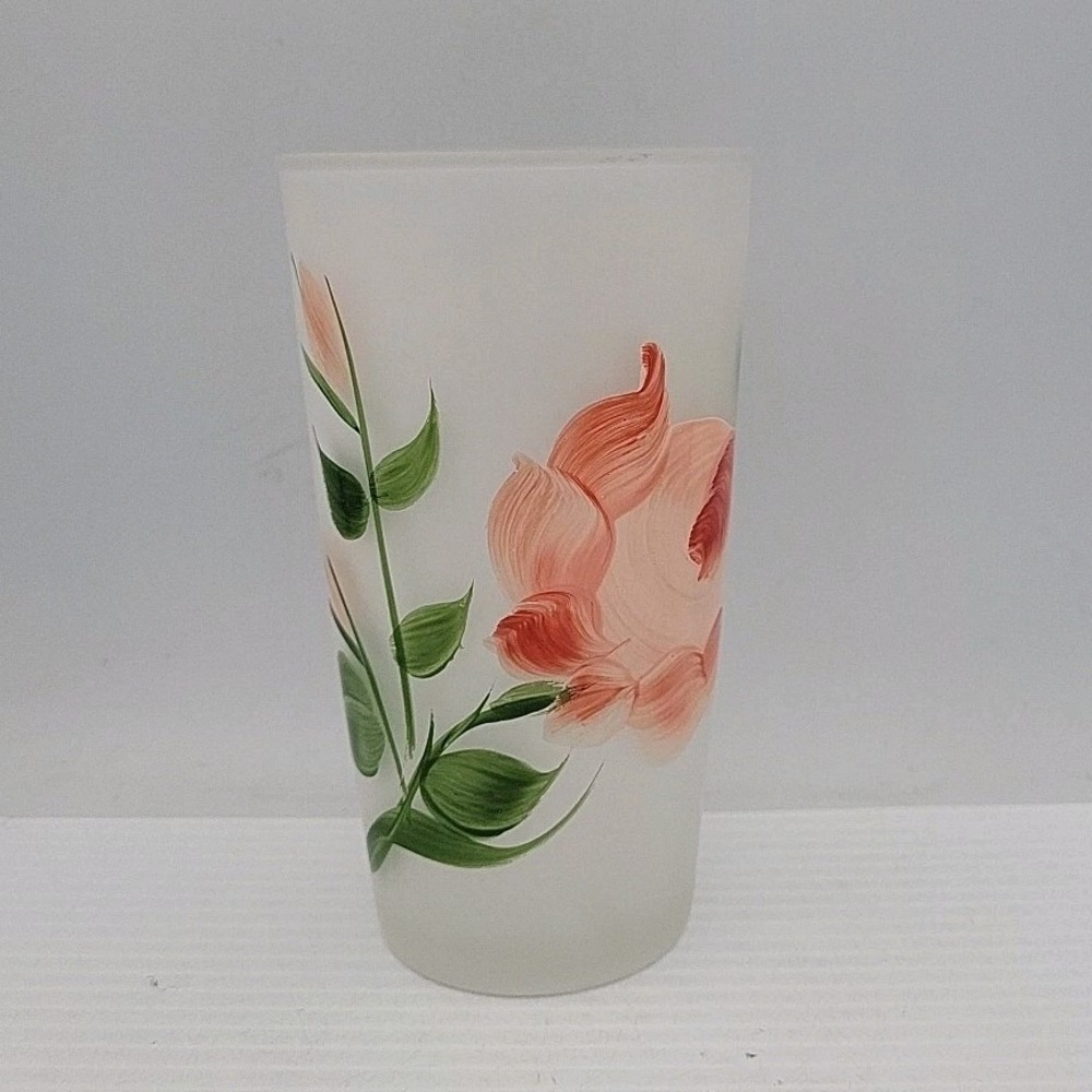 Vtg Frosted Drinking Glass Handpainted Pink Flowers‎ Hazel Atlas